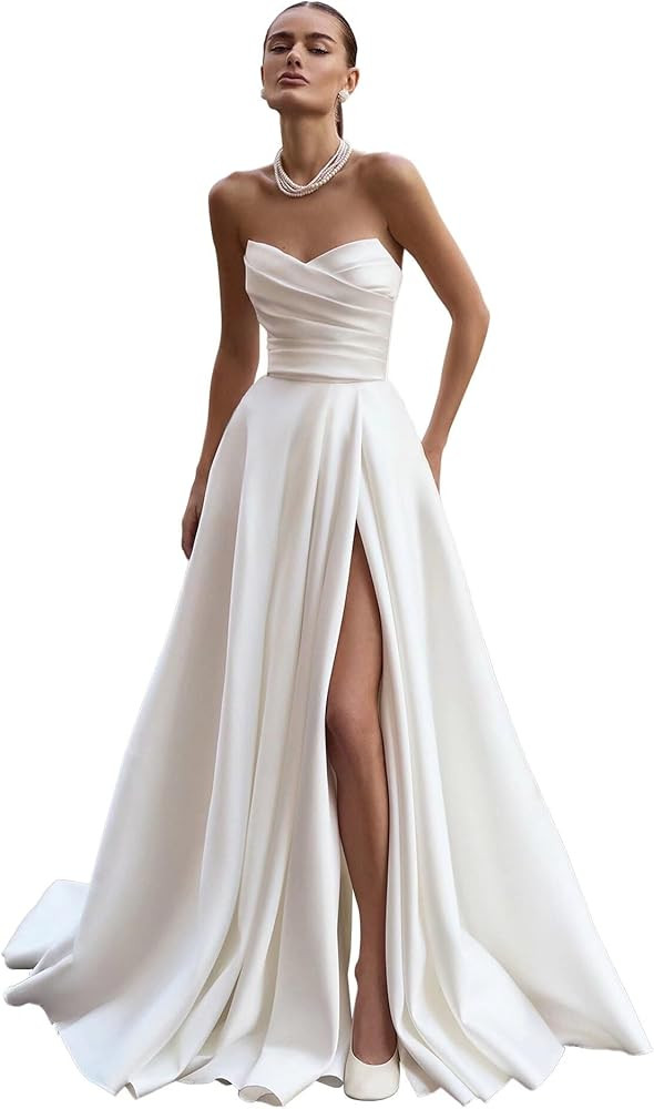 Satin Wedding Dresses for Bride Strapless Prom Dresses Long Ruched Ball Gown with Slit | Amazon (US)