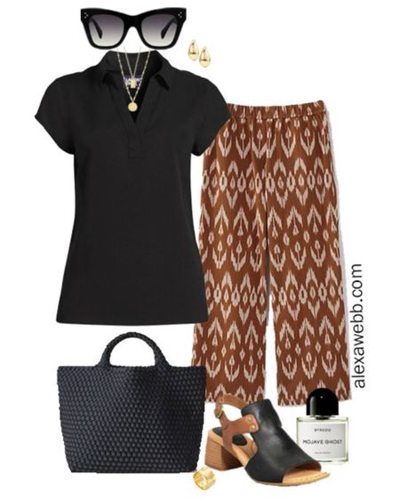 Plus Size Ikat Pants Outfits 1 - A business casual outfit with plus size Ikat printed pants and a black blouse with heeled sandals. Alexa Webb

#LTKplussize #LTKSeasonal #LTKstyletip