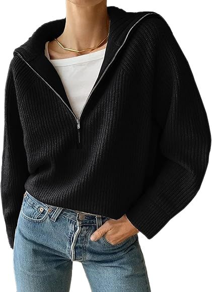 BTFBM Women’s Casual Long Sleeve Half Zip Pullover Sweaters Solid V Neck Collar Ribbed Knitted Loose | Amazon (US)