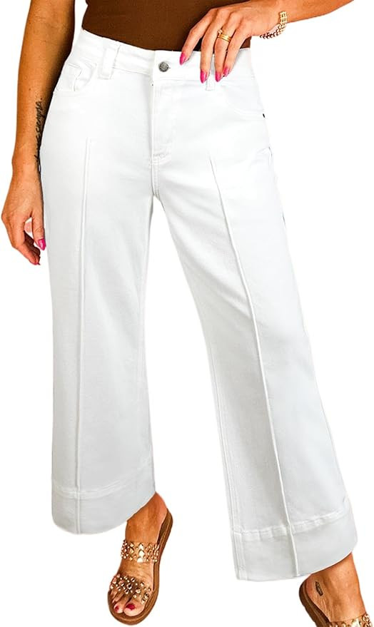 Astylish Women's 2026 Stretchy Breathable Wide Leg High Waisted Jeans Casual Cropped Ankle Denim ... | Amazon (US)