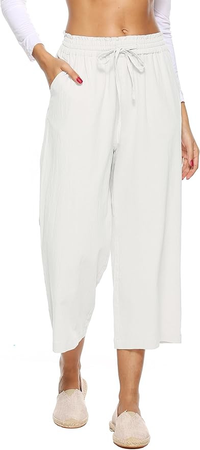 LNX Womens Linen Capri Pants Wide Leg High Waisted Drawstring Casual Cropped Pants with Pockets | Amazon (US)