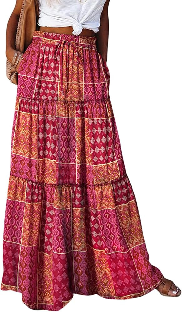 Happy Sailed Womens Floral Print Boho Maxi Skirt Elastic High Waist Pleated Ruffle Flowy Long Ski... | Amazon (US)