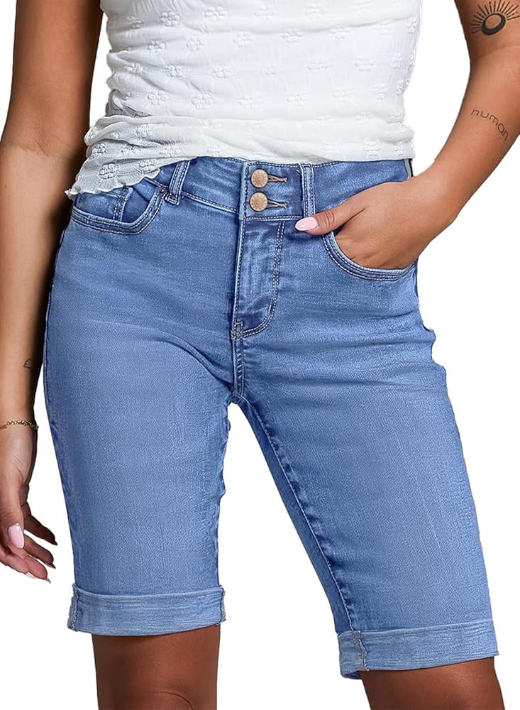 Sidefeel Women's Jean Shorts High Waisted Stretchy Bermuda Folded Hem Denim Summer Shorts | Amazon (US)