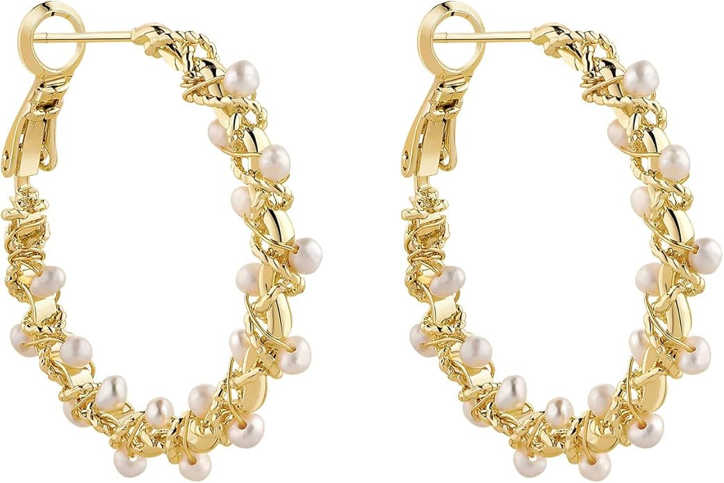 Gold Hoop Earrings, 925 Silver Post Freshwater Pearls Hoop Earrings for Women | Amazon (US)
