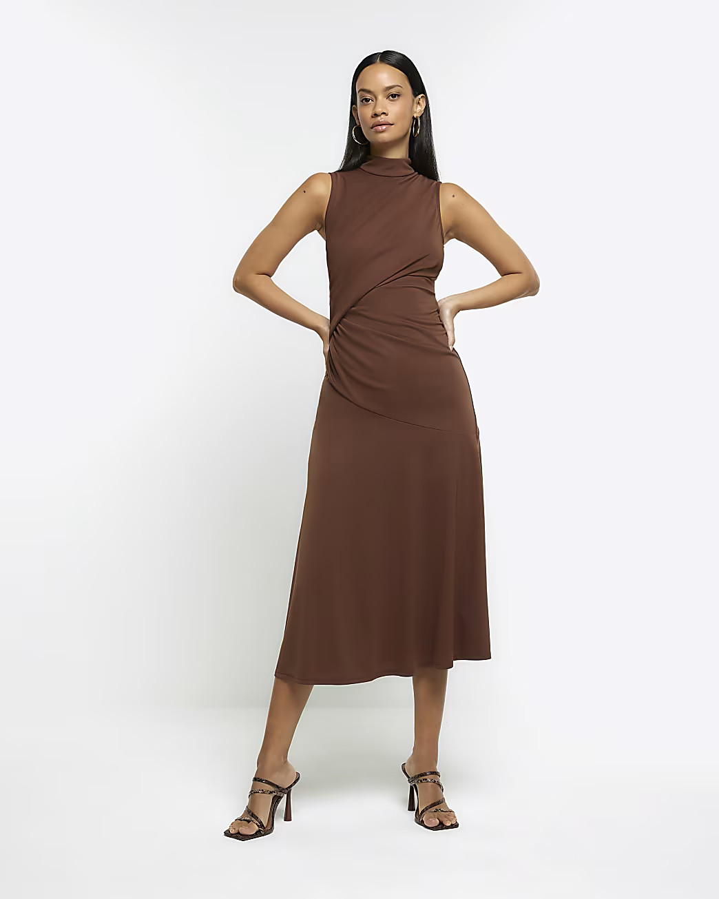 Brown drape detail shift midi dress | River Island (UK & IE)