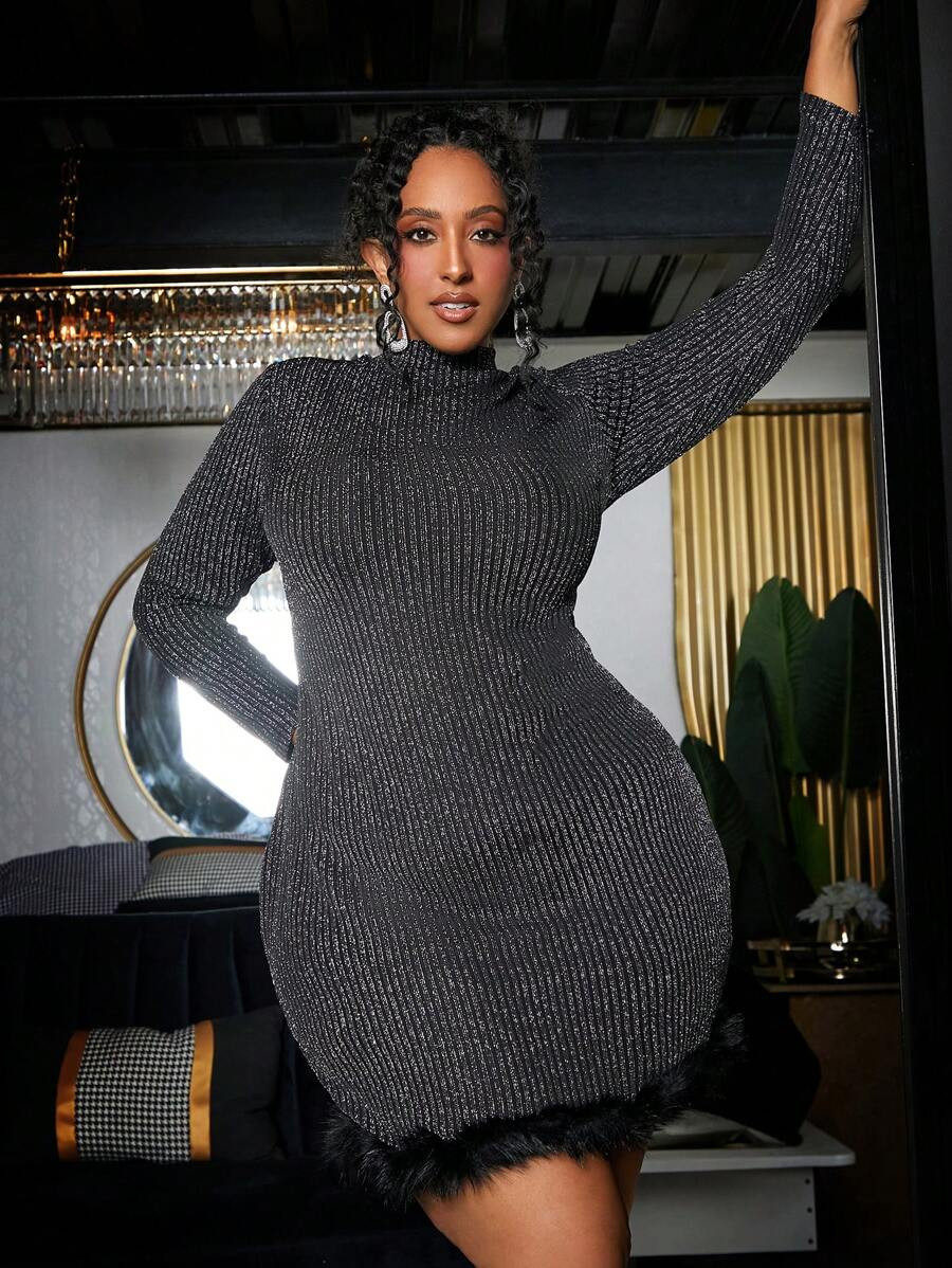 SHEIN CURVE+ Plus Fuzzy Trim Mock Neck Glitter Bodycon Dress | SHEIN