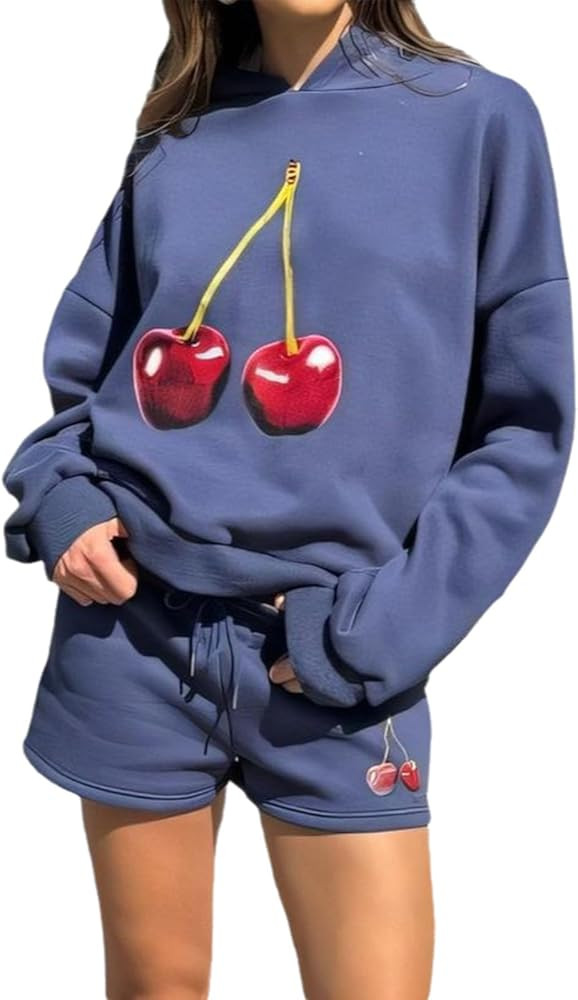 Women 2 Piece Outfits Hoodie Sweatpants Set Cherry Prints Long Sleeve Drawstring Shorts Sports Ca... | Amazon (US)