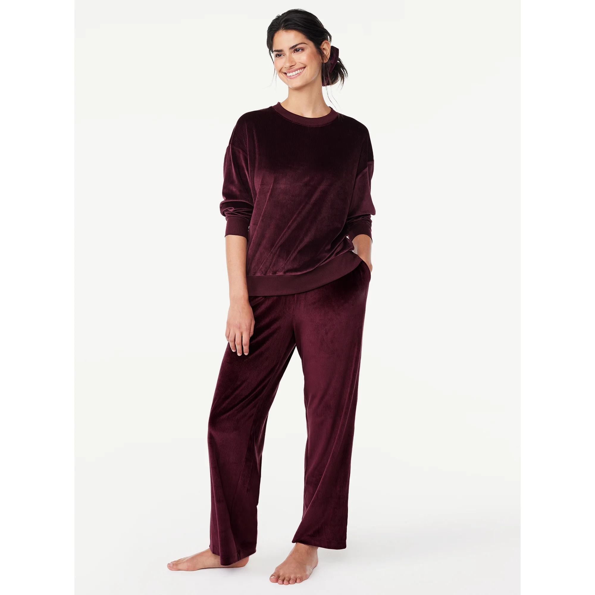Joyspun Women's Ribbed Velour Top and Pants Pajama Set with Oversized Scrunchie, 3-Piece, Sizes S... | Walmart (US)