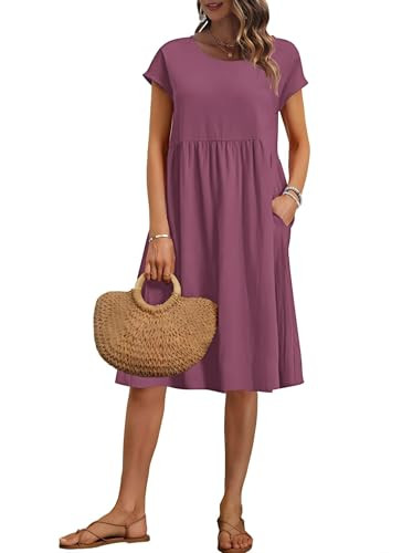 AUSELILY Women's Summer Short Sleeve Knee-Length Dresses Round Neck Loose Dress with Pockets 2026... | Amazon (US)