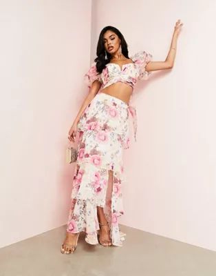 ASOS LUXE organza puff sleeve top with bow back and skirt set in floral print | ASOS (Global)