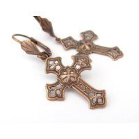 Cross Earrings Antique Copper Filigree Christian Holiday Christmas | Etsy (US)