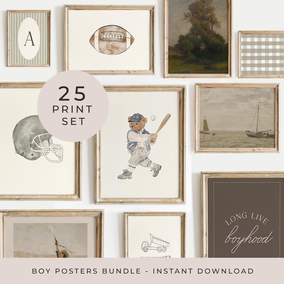 Boy Gallery Wall Set of 25 Sports Print Muted Tones Room Decor Vintage Green Baby Boy Nursery Pri... | Etsy (US)