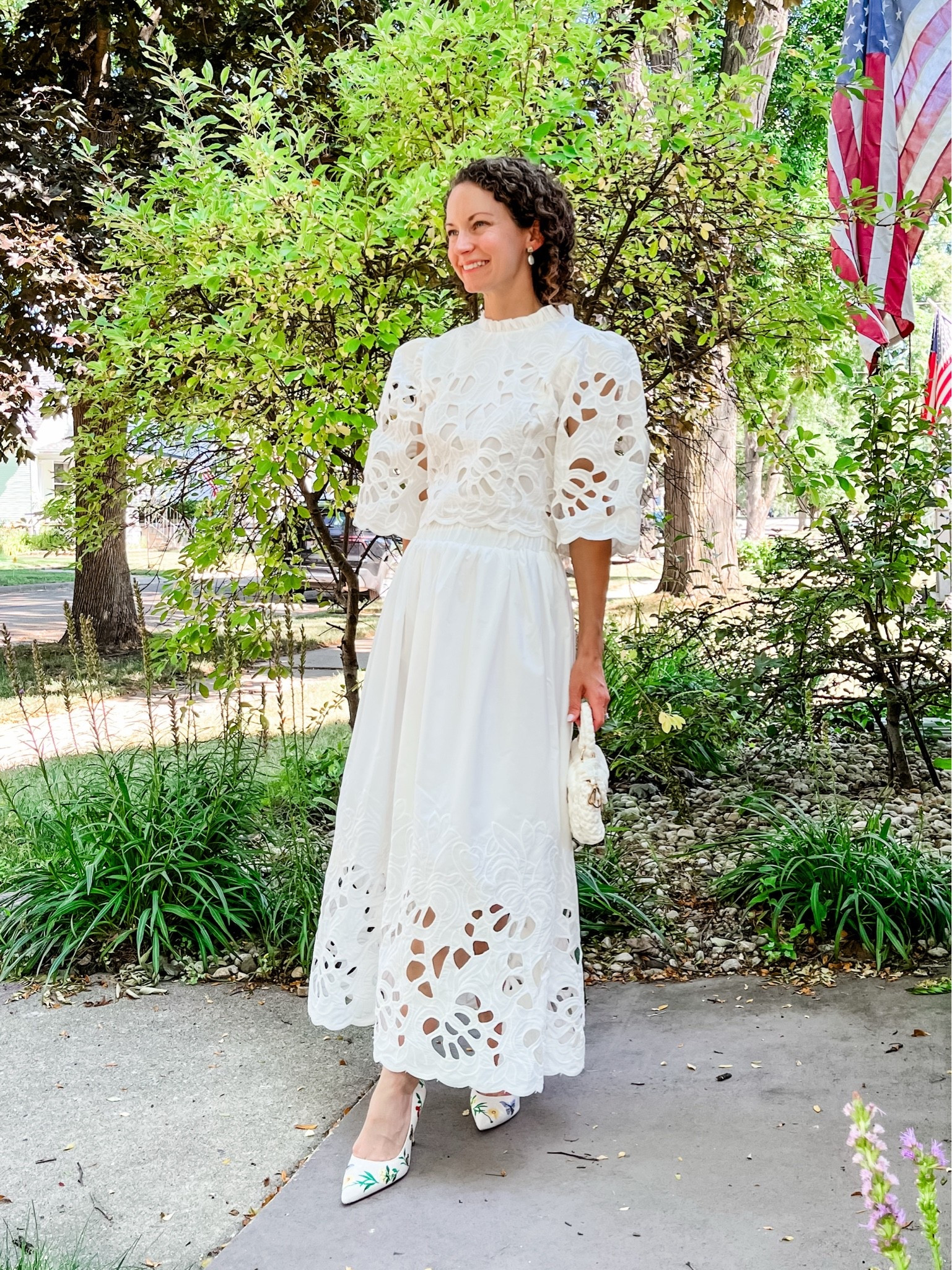 A beautiful white top and skirt for summer!
Top, skirt and bag from Chicwish. 
Petite outfit. Modest outfit. White outfit. Wedding outfit. Summer outfit.

#LTKootd #LTKWedding #LTKOver40