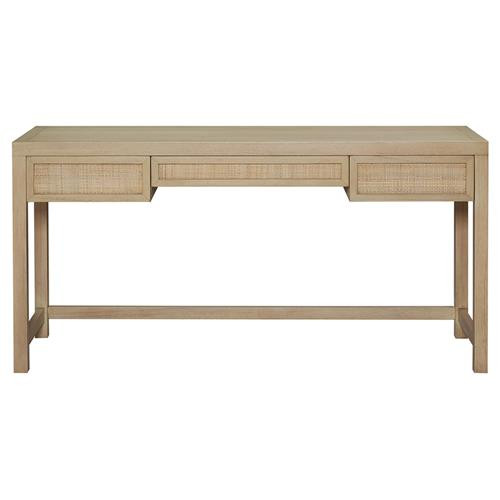 Mullen Coastal Beach Natural Mahogany Wood Woven Rattan 3 Drawer Desk | Kathy Kuo Home