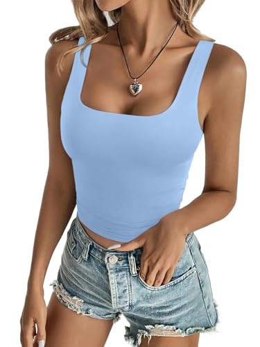 REORIA Women's Square Neck Tank Top Sleeveless Double Lined Basic Crop Tops Summer Going Out Outfits Light Blue Large | Amazon (US)