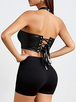 Women's Lace Up Leather Halter Top Sleeveless Backless Party Club Crop Tops | Amazon (US)