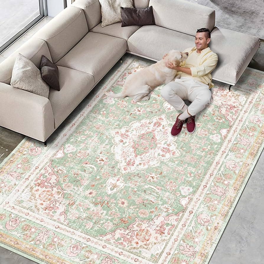 Vhong Washable Area Rugs Boho Vintage Modern Neutral Large Carpet Green and Pink High Traffic Rug... | Amazon (US)