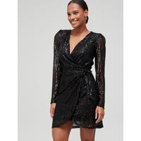 V by Very Sequin Wrap Mini Dress - Black | Very (UK)