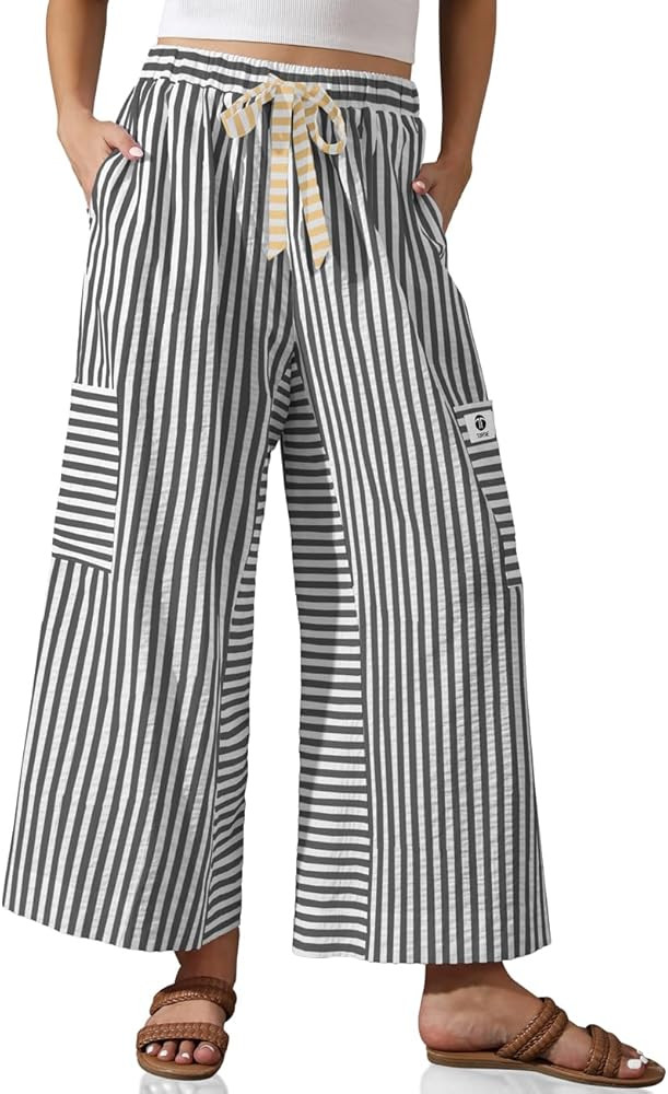 TARSE Women’s Striped Wide Leg Pants Drawstring Casual Boho Palazzo Pants Loose Lounge Beach Va... | Amazon (US)