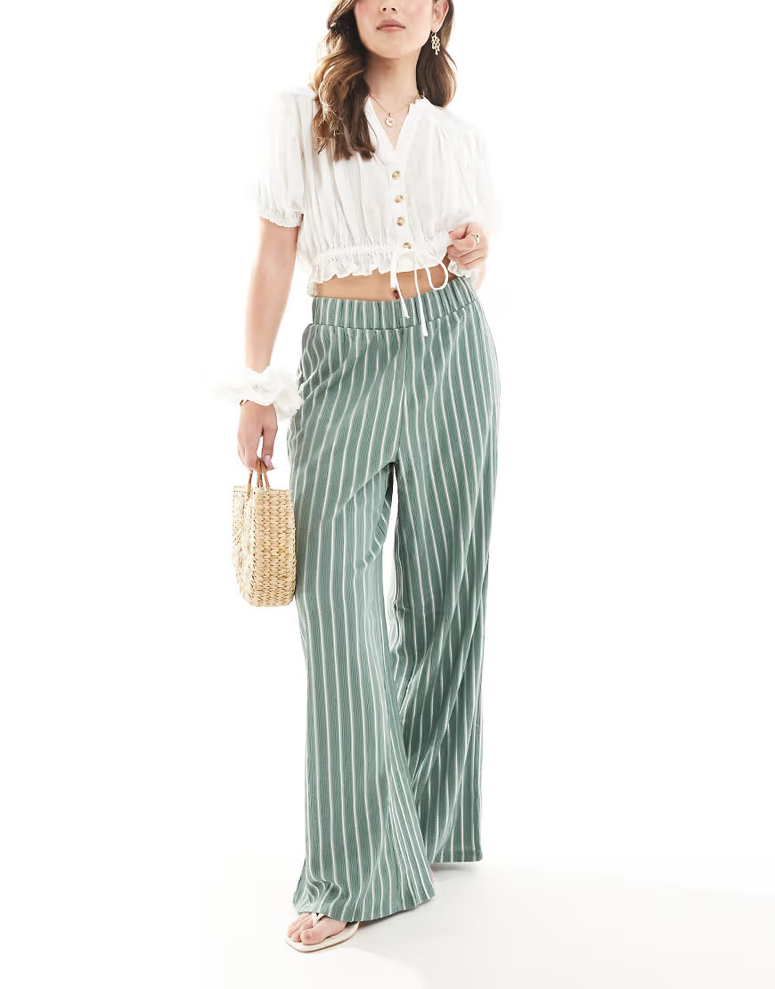 ONLY wide leg textured pants in green stripe | ASOS (Global)