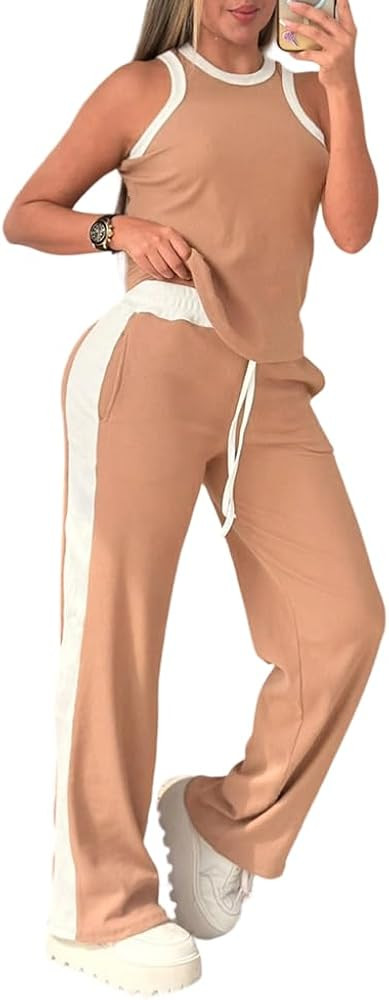 CHICME Women Two Piece Pants Sets Sleeveless Ribbed Knit Casual Lounge Outfits Contrast Binding D... | Amazon (US)