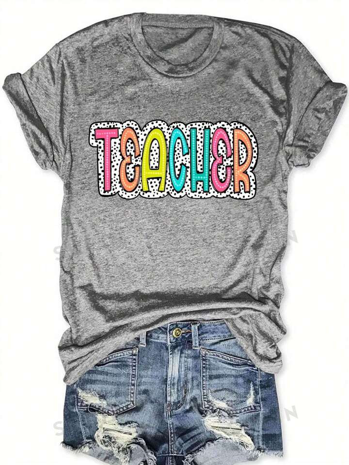 SHEIN LUNE Women's Casual Teacher T-Shirt With Letter Print, Summer | SHEIN