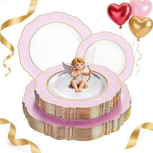 WDF 60Pcs Pink Plates Disposable with Gold Rim - Baroque Clear Pink and Gold Plastic Party Plates... | Amazon (US)