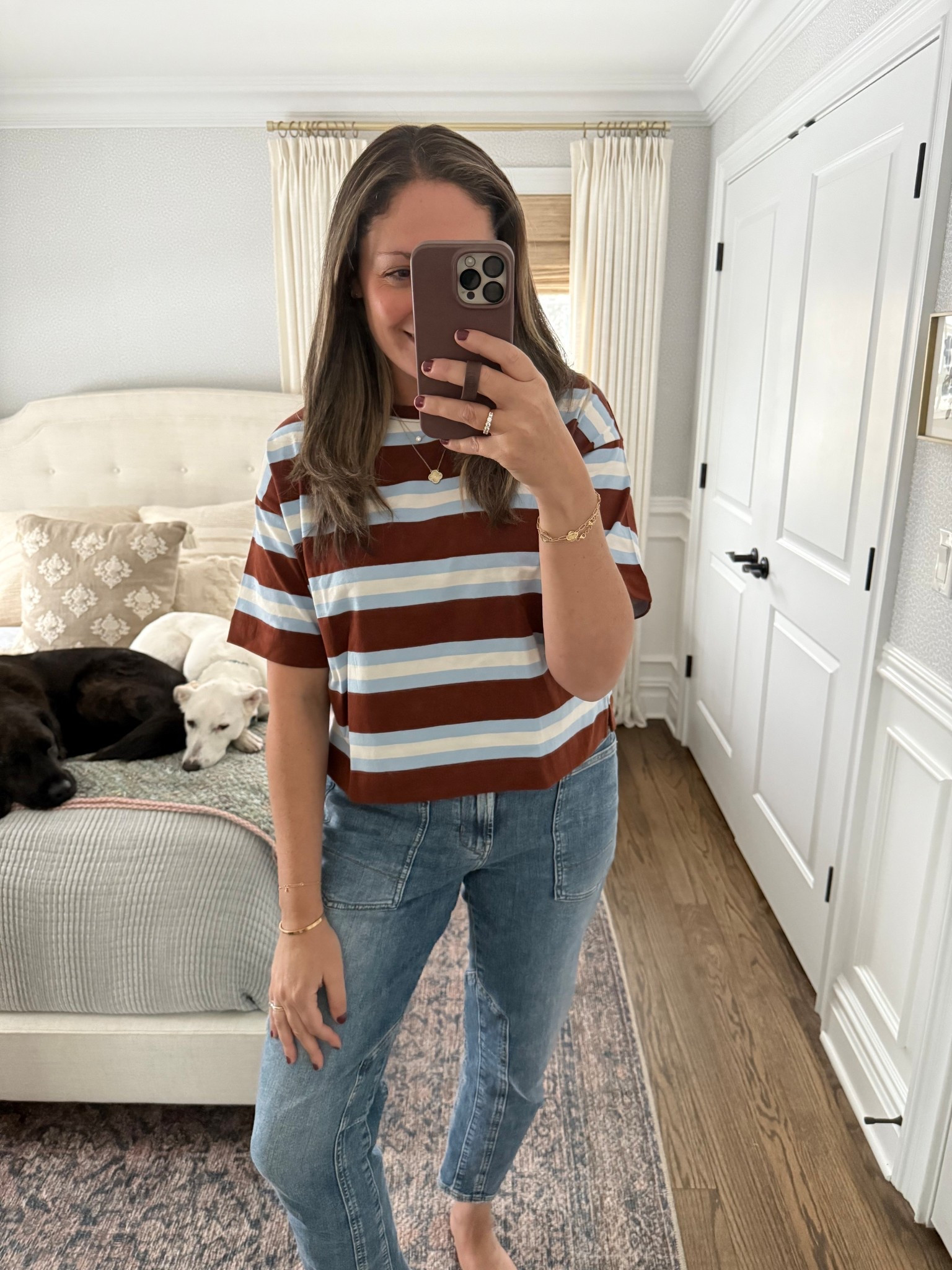Cutest shirt sleeve too from LOFT! Love the colors of these stripes (comes in two other colorways as well) and is on sale!! Wearing a medium. 

Also linking my Pilcro jeans from Anthropologie that I’ve been wearing on repeat. Love this was. They fit TTS!

#LTKSaleAlert #LTKootd #LTKmomlife