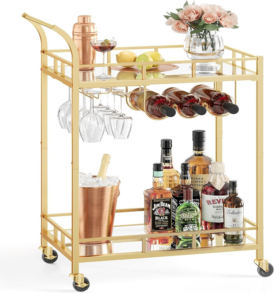 VASAGLE Bar Cart Gold, Home Bar Serving Cart, Wine Cart with 2 Mirrored Shelves, Wine Holders, Gl... | Amazon (US)