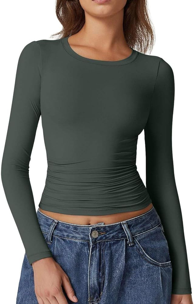 QINSEN Womens Crewneck Long Sleeve Shirt Double Lined Basic Tees Side Ruched Going Out Crop Tops | Amazon (US)