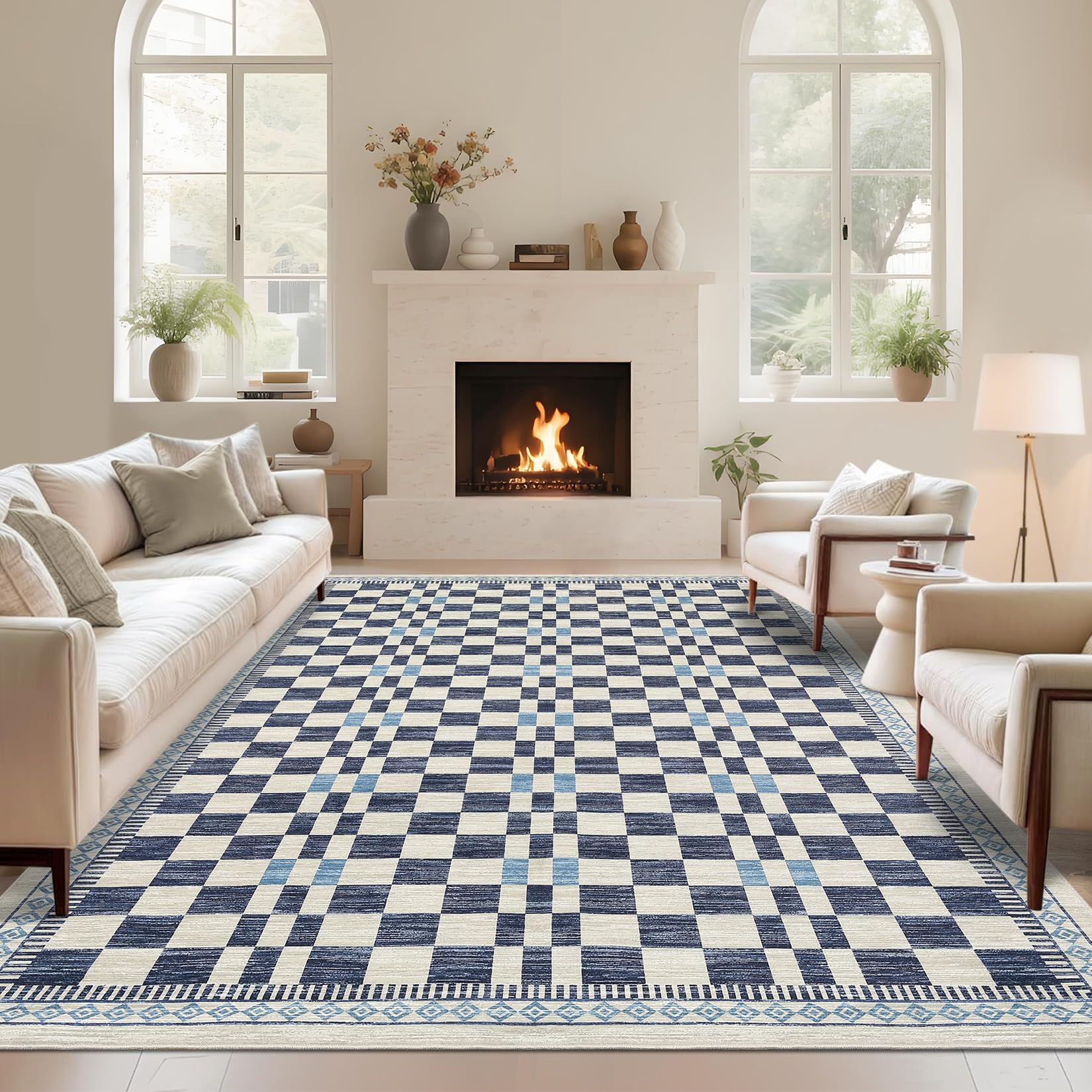 Garvee Washable Checkered Rugs 9x12 Area Rug Neutral Living Room Rug Large Washable Bedroom Rug A... | Amazon (US)