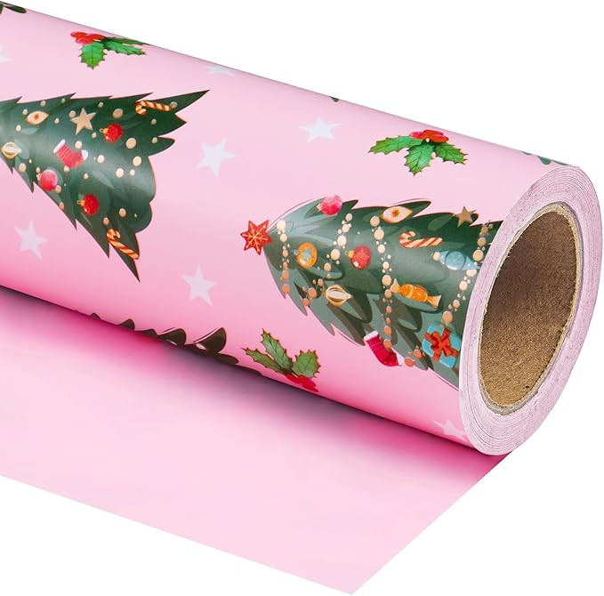 WRAPAHOLIC Reversible Pink Christmas Wrapping Paper - Mini Roll - 17 Inch x 33 Feet - Pink Christ... | Amazon (US)