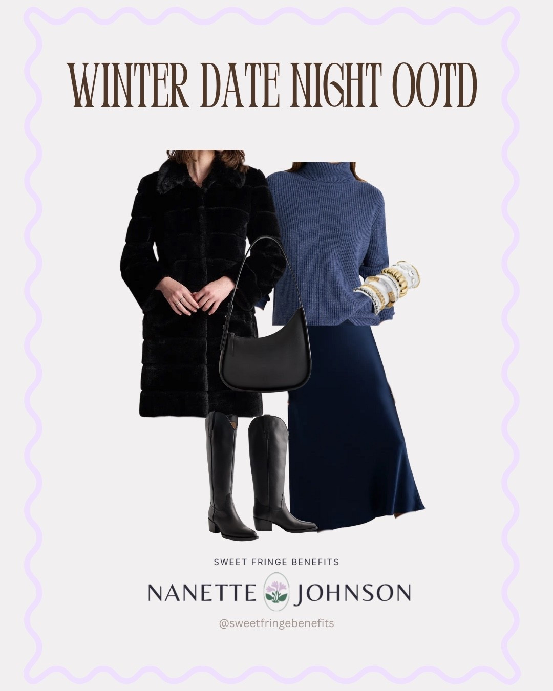 Love this idea. The blue silk skirt, black boots and blue chunky cashmere turtleneck. 
Add the black faux fur? Heck yes!!! 
I wear my regular size medium in all of these at @quince
25% off Allie & Bess code NANETTE25

Chic dare night winter date night 

#LTKSeasonal #LTKootd #LTKOver40