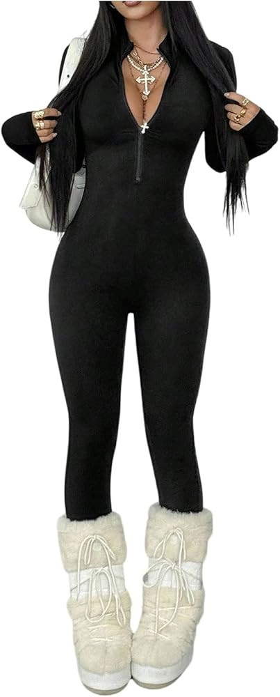 Milumia Women's Long Sleeve Bodycon Jumpsuit Zip Up One Piece Romper Pants Clubwear | Amazon (US)