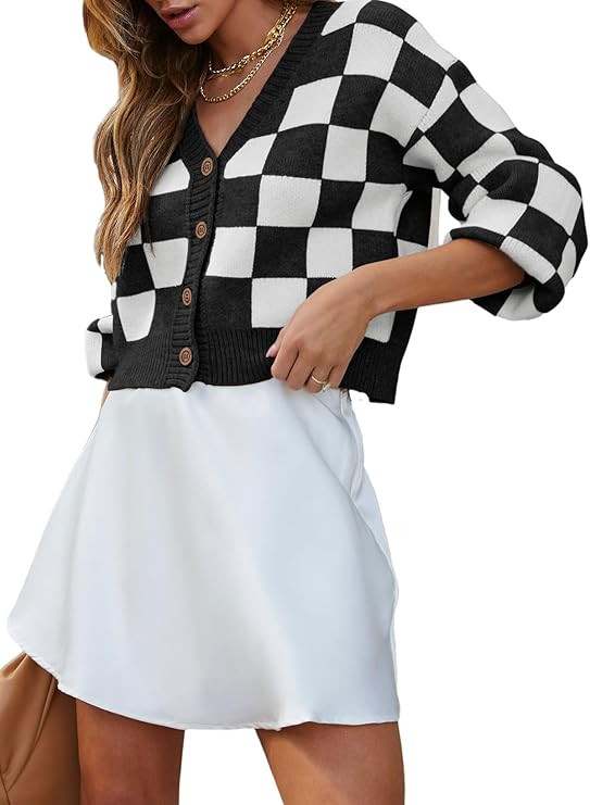 Dokotoo Womens Checkered V Neck Button Down Long Sleeve Cable Knit Cropped Cardigan Sweaters Tops | Amazon (US)