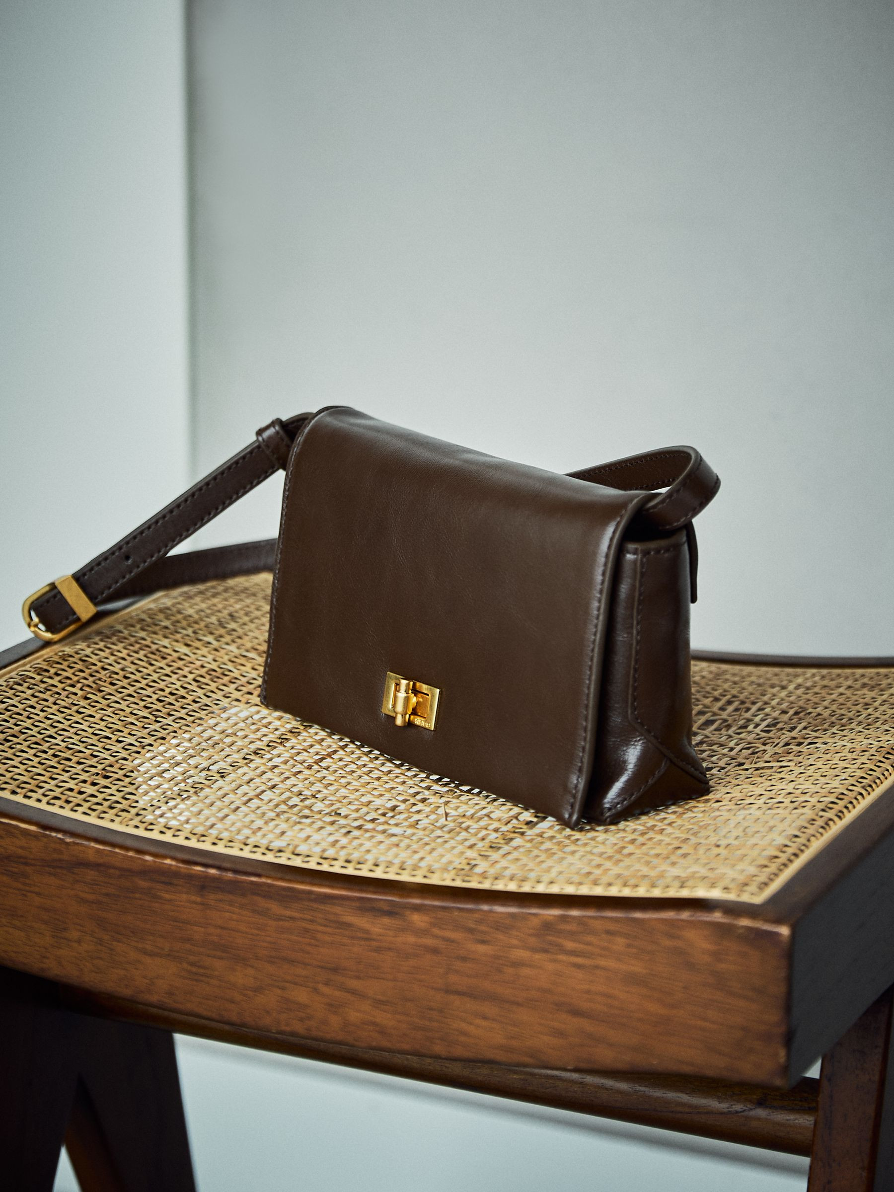 Reiss Leather Twist-Lock Shoulder Bag in Taupe - REISS | Reiss UK