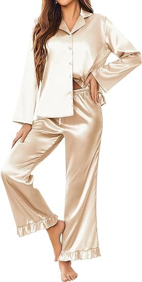Ekouaer Silk Satin Pajamas Set Womens Long Sleepwear Button Down 2 Piece Classic Soft Loungewear ... | Amazon (US)