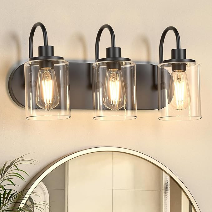 3-Light Bathroom Light Fixtures, Black Vanity Light Farmhouse Wall Sconces with Clear Glass Shade... | Amazon (US)