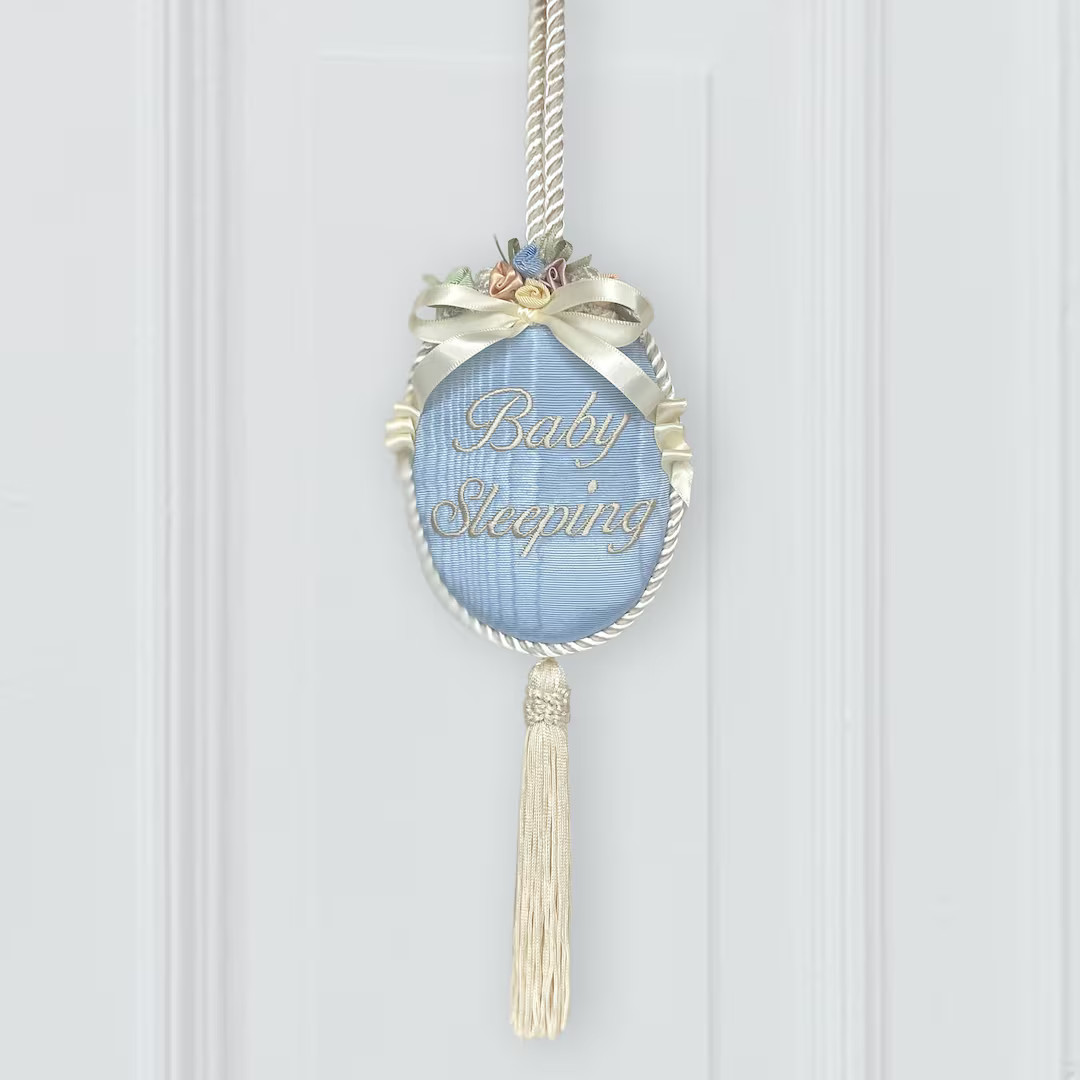 Oval Hanging Baby Sleeping Sign in Moiré - Blue and Pink - Etsy | Etsy (US)