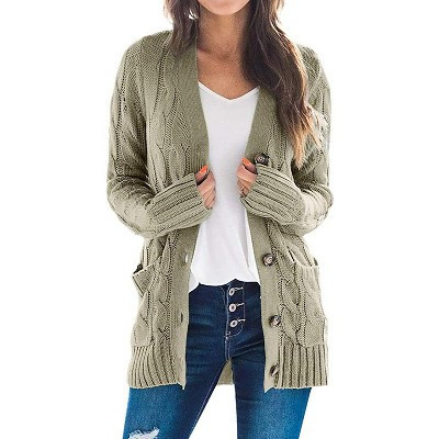 Haute Edition Women's Cable Knit Button Up Sweater Cardigan,LIGHT OLIVE,Large | Target