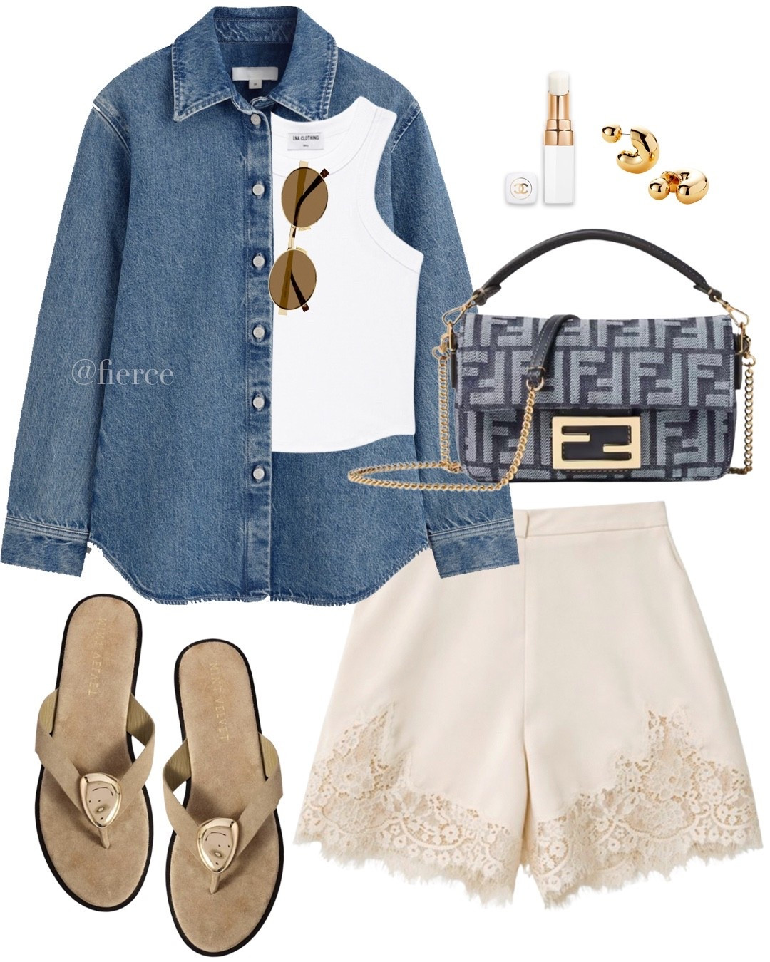Denim shirt satin lace shorts taupe beige suede sandals denim bag casual spring summer outfit weekend vacation look

#LTKuk #LTKsummer #LTKspring