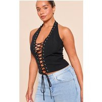 Shape black woven Halter Neck Lace Up Corset | PrettyLittleThing US