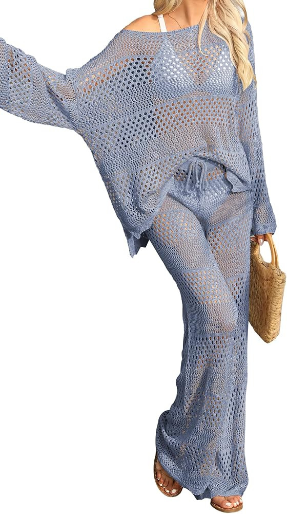 Famulily Womens 2 Piece Crochet Outfits Sexy Hollow Out Cover Up Sets Long Sleeve Tops and Drawst... | Amazon (US)