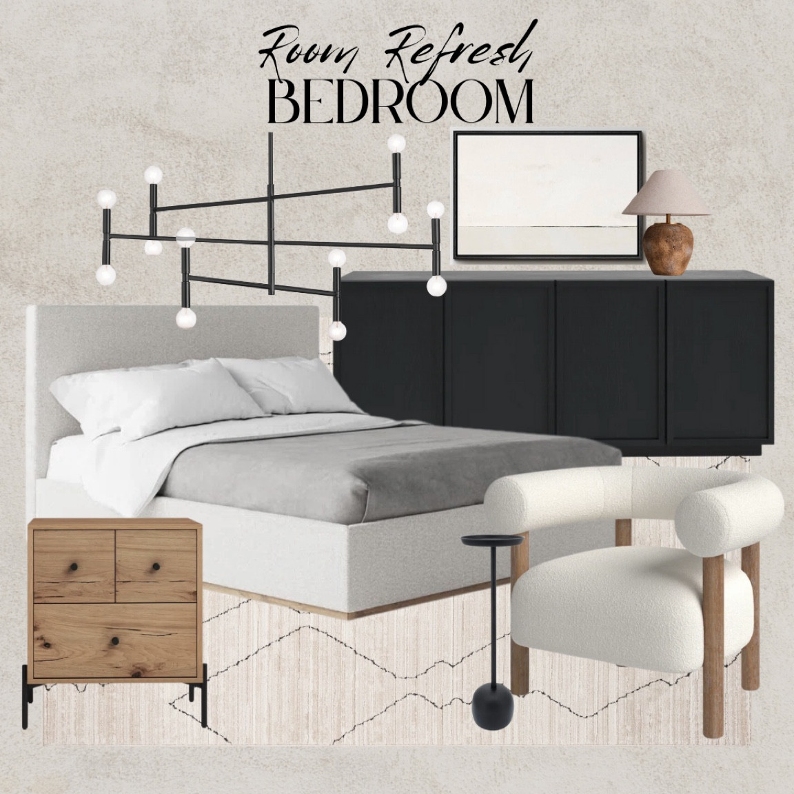 Bedroom refresh for a client! Boucle bed frame, upholstered bed frame, boucle accent chair, modern organic bedroom, contemporary bedroom, beige rug, taupe rug, modern rug, solid wood nightstand, white oak nightstand, walnut nightstand, black drink table, metal drink table, black sideboard, black media cabinet, black modern chandelier, linear chandelier, stone table lamp, modern wall art, abstract wall art #wayfair #waydaysale #wayday #wayfairsale #ltksale

#LTKhome #LTKHolidaySale #LTKsalealert