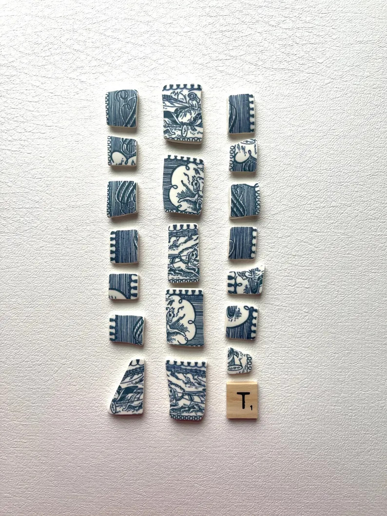 Blue and White Mosaic Tiles: Tumbled Sea Pottery, Vintage Transferware Pieces - Currier and Ives ... | Etsy (Global)