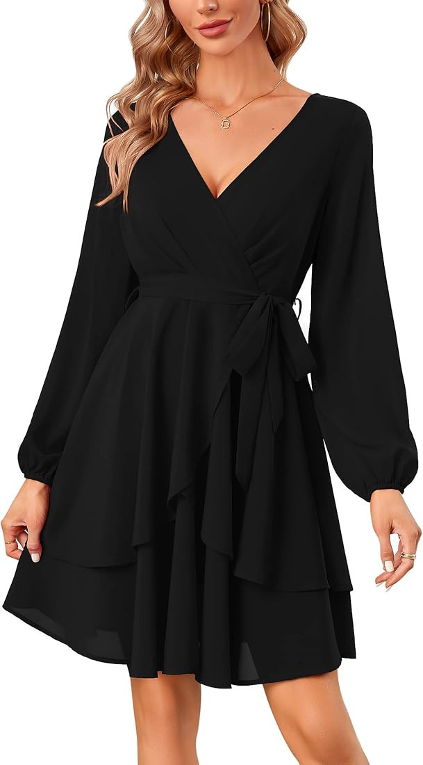 KOJOOIN Womens Skater Dresses Sexy V Neck Short Sleeve Tie Waist Solid Ruffle Boho Flowy Swing Mi... | Amazon (US)