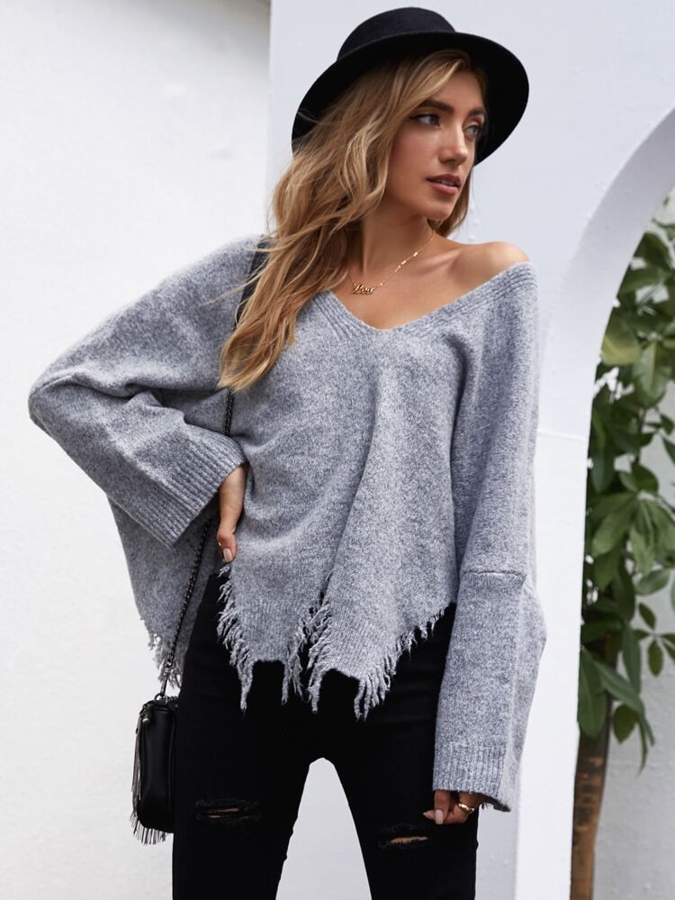 Drop Shoulder Asymmetrical Hem Sweater | SHEIN