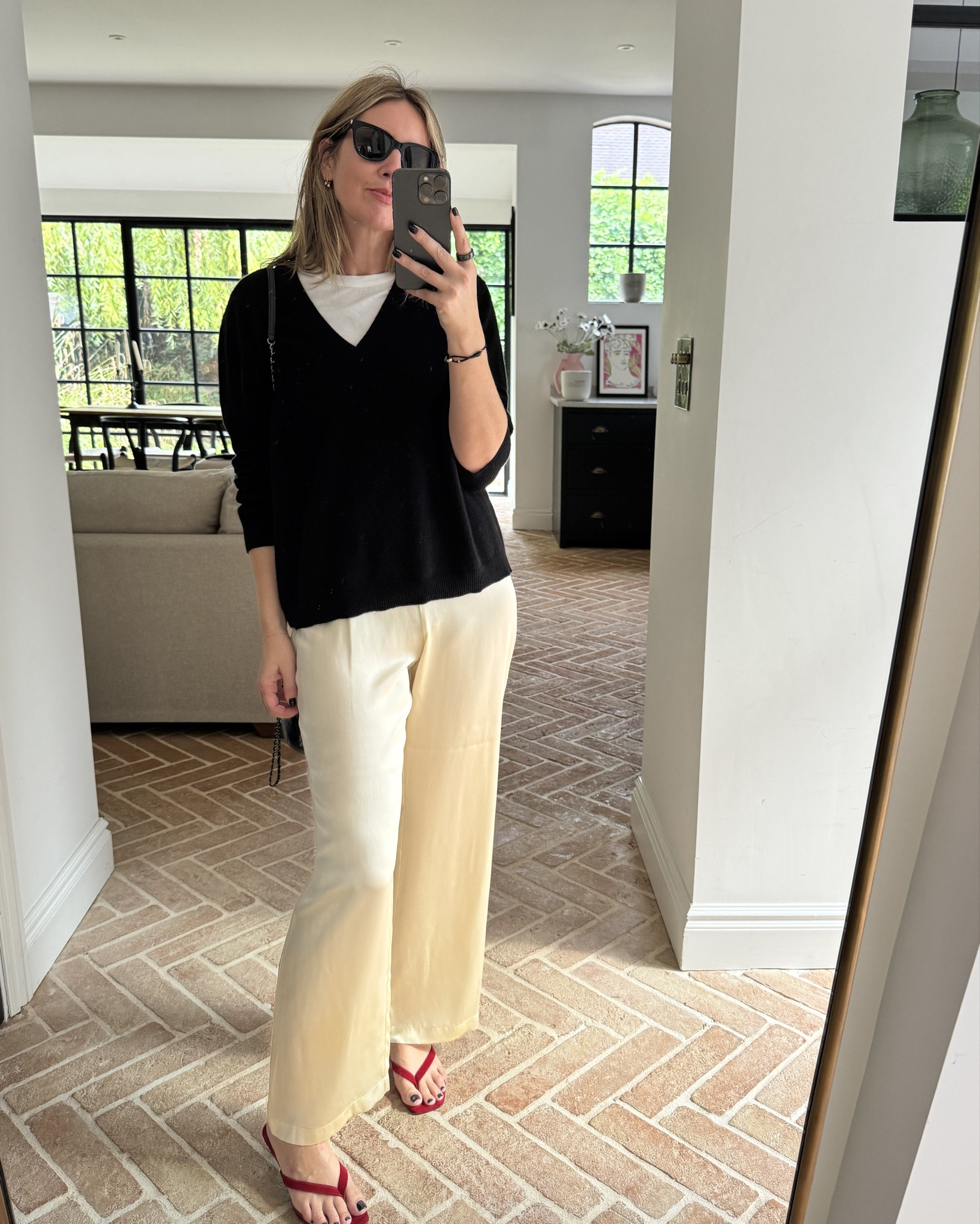 Inside / Outside - cream satin trousers + v neck cashmere + red shoes | Reformation | Toteme | Sold Out NYC | The Row 

#LTKeurope #LTKuk #LTKautumn