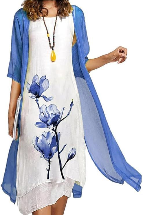 ZOCAVIA Women's 2 Piece Floral Dress Set Plus Size Flowy Sleeveless Maxi Dress and Half Sleeve Ca... | Amazon (US)