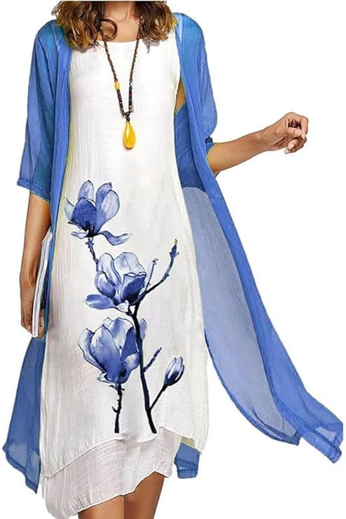 ZOCAVIA Women's 2 Piece Floral Dress Set Plus Size Flowy Sleeveless Maxi Dress and Half Sleeve Ca... | Amazon (US)